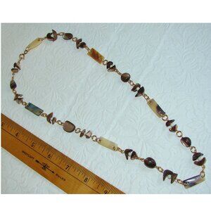 Brown Tumbled Stone & Shell 24" NECKLACE, Mother of Pearl, Vtg 80's E12